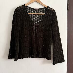 Fresh Wear Dark Olive Green Open Knit Velvet Trim Tie Bell Sleeve Cardigan